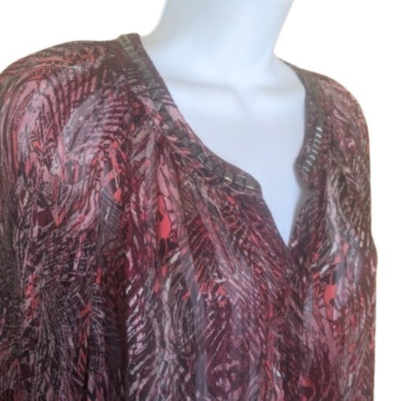 -Semi Sheer Long Sleeve Red Pink Printed Tunic Blouse Size Large - Picture 3 of 5